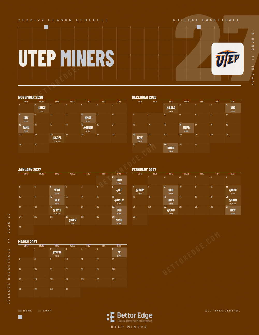 UTEP Miners 2026-27 basketball schedule, free printable, every game with start times and TV