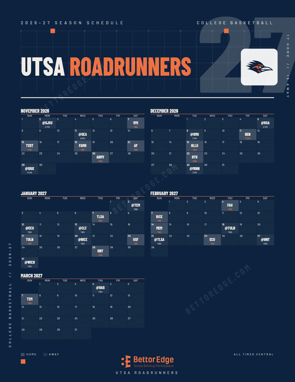 UTSA Roadrunners 2026-27 basketball schedule, free printable, every game with start times and TV