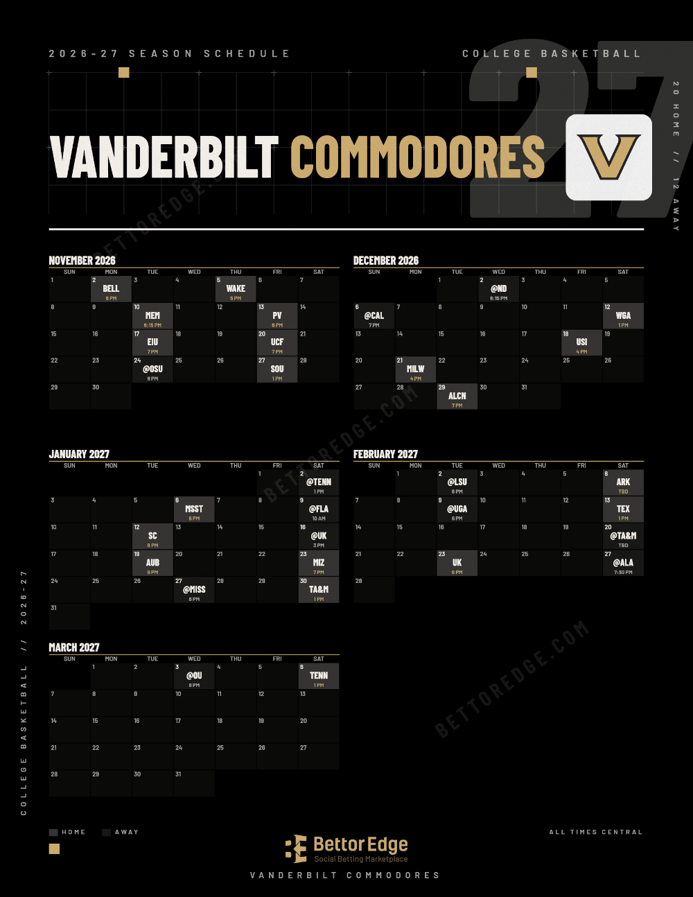 Vanderbilt Commodores 2026-27 basketball schedule, free printable, every game with start times and TV