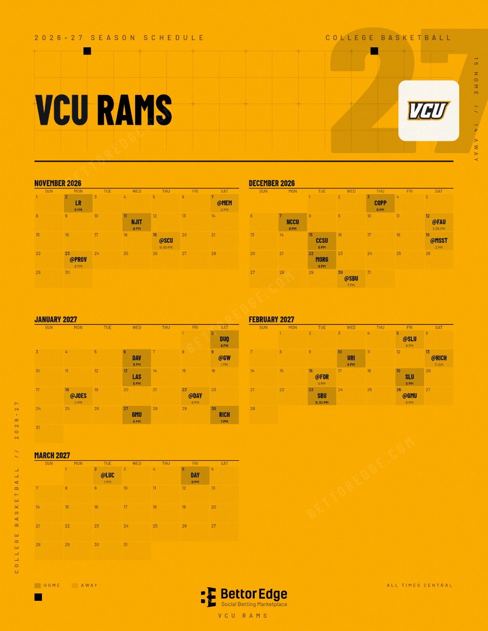 VCU Rams 2026-27 basketball schedule, free printable, every game with start times and TV