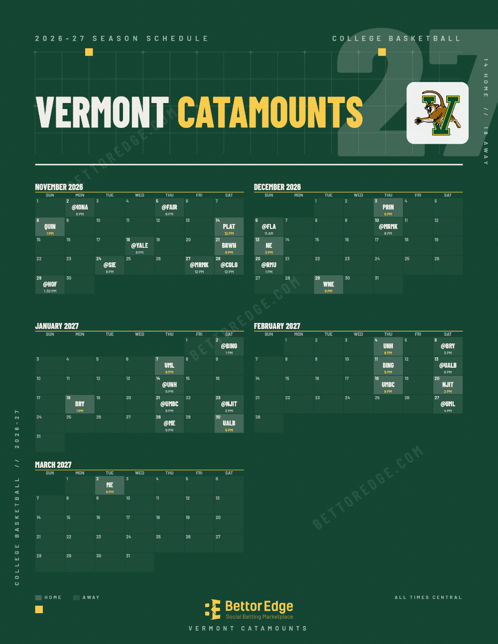 Vermont Catamounts 2026-27 basketball schedule, free printable, every game with start times and TV