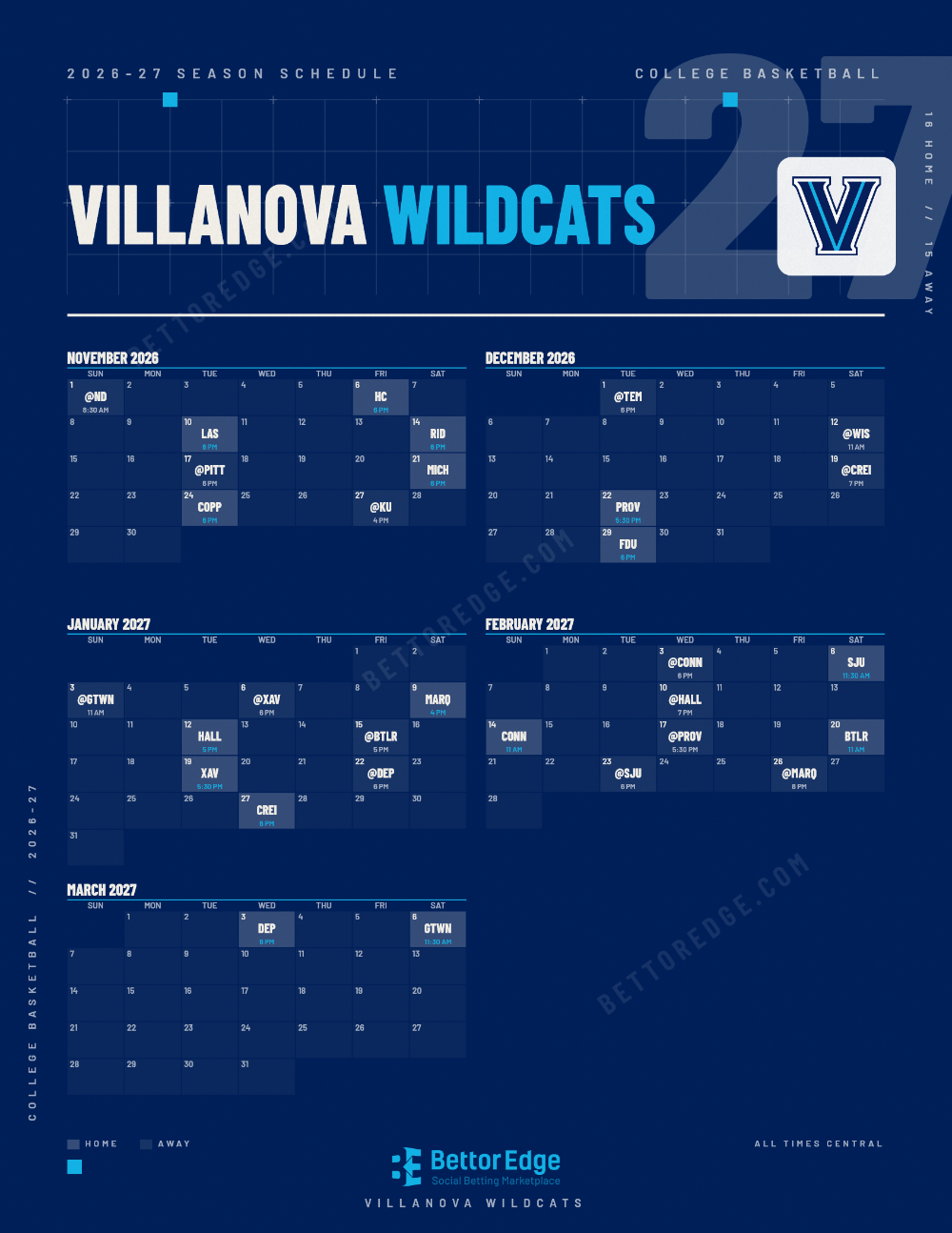 Villanova Wildcats 2026-27 basketball schedule, free printable, every game with start times and TV