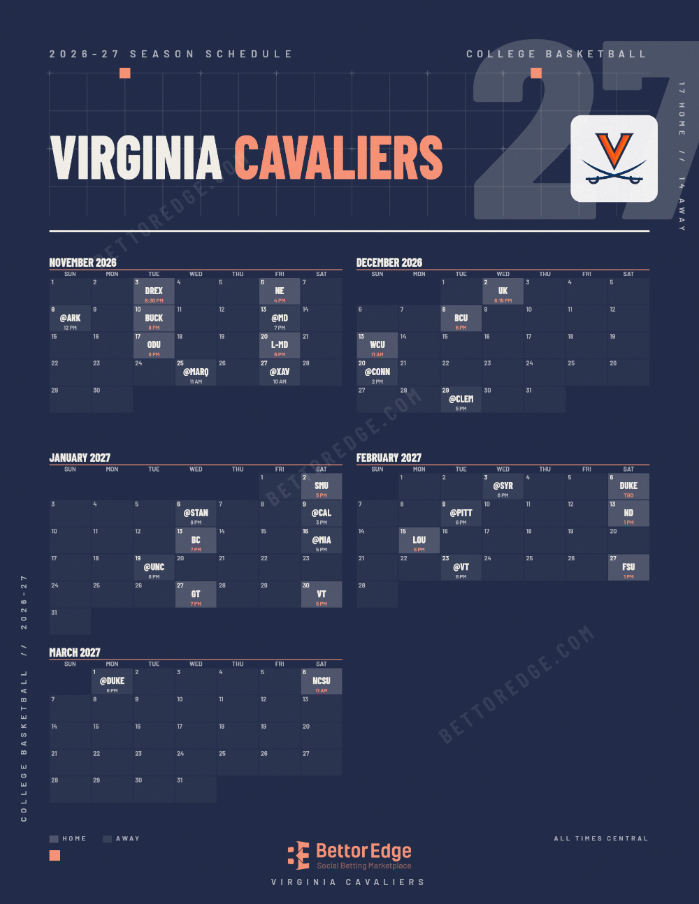 Virginia Cavaliers 2026-27 basketball schedule, free printable, every game with start times and TV