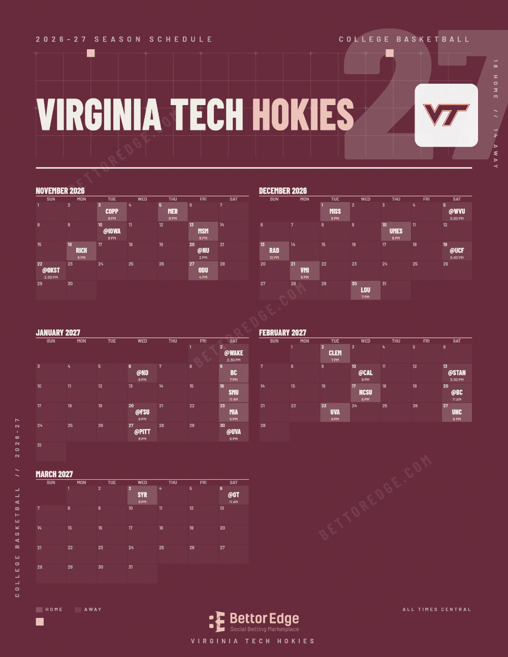 Virginia Tech Hokies 2026-27 basketball schedule, free printable, every game with start times and TV