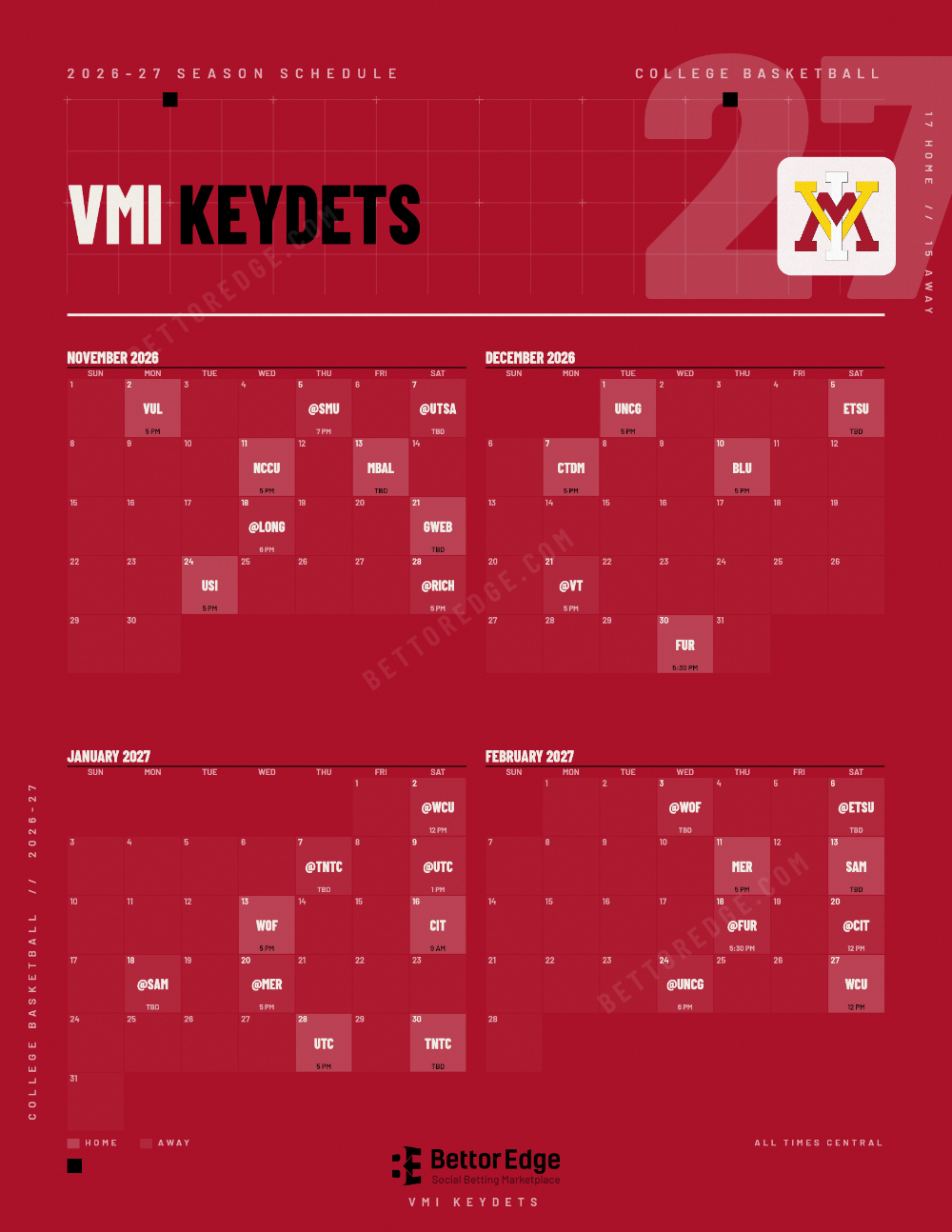 VMI Keydets 2026-27 basketball schedule, free printable, every game with start times and TV