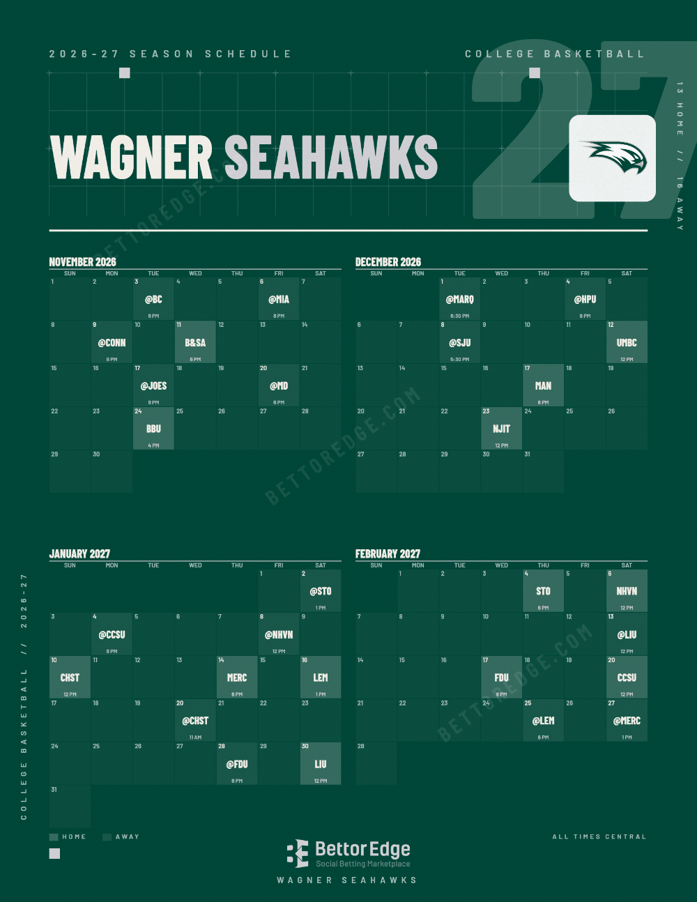 Wagner Seahawks 2026-27 basketball schedule, free printable, every game with start times and TV