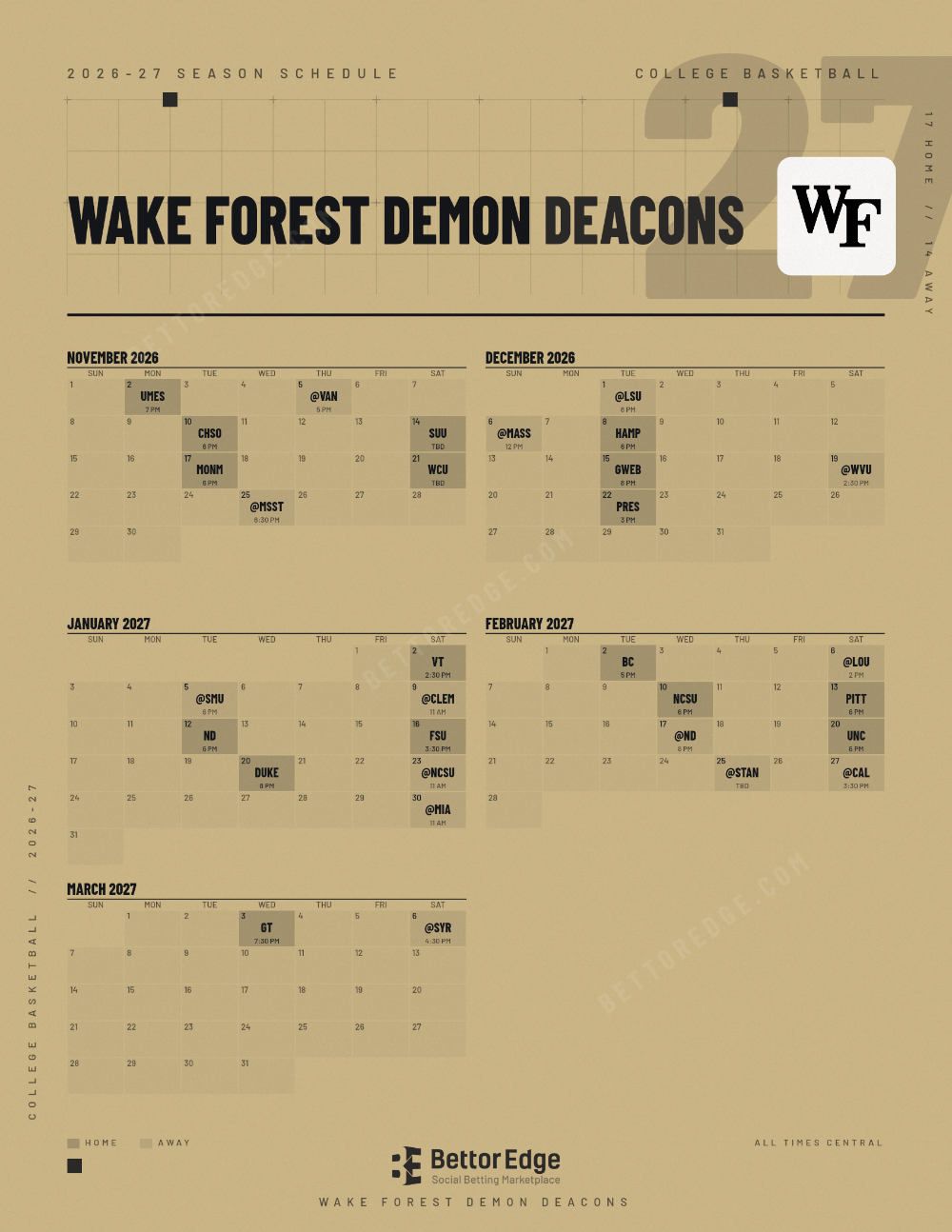 Wake Forest Demon Deacons 2026-27 basketball schedule, free printable, every game with start times and TV