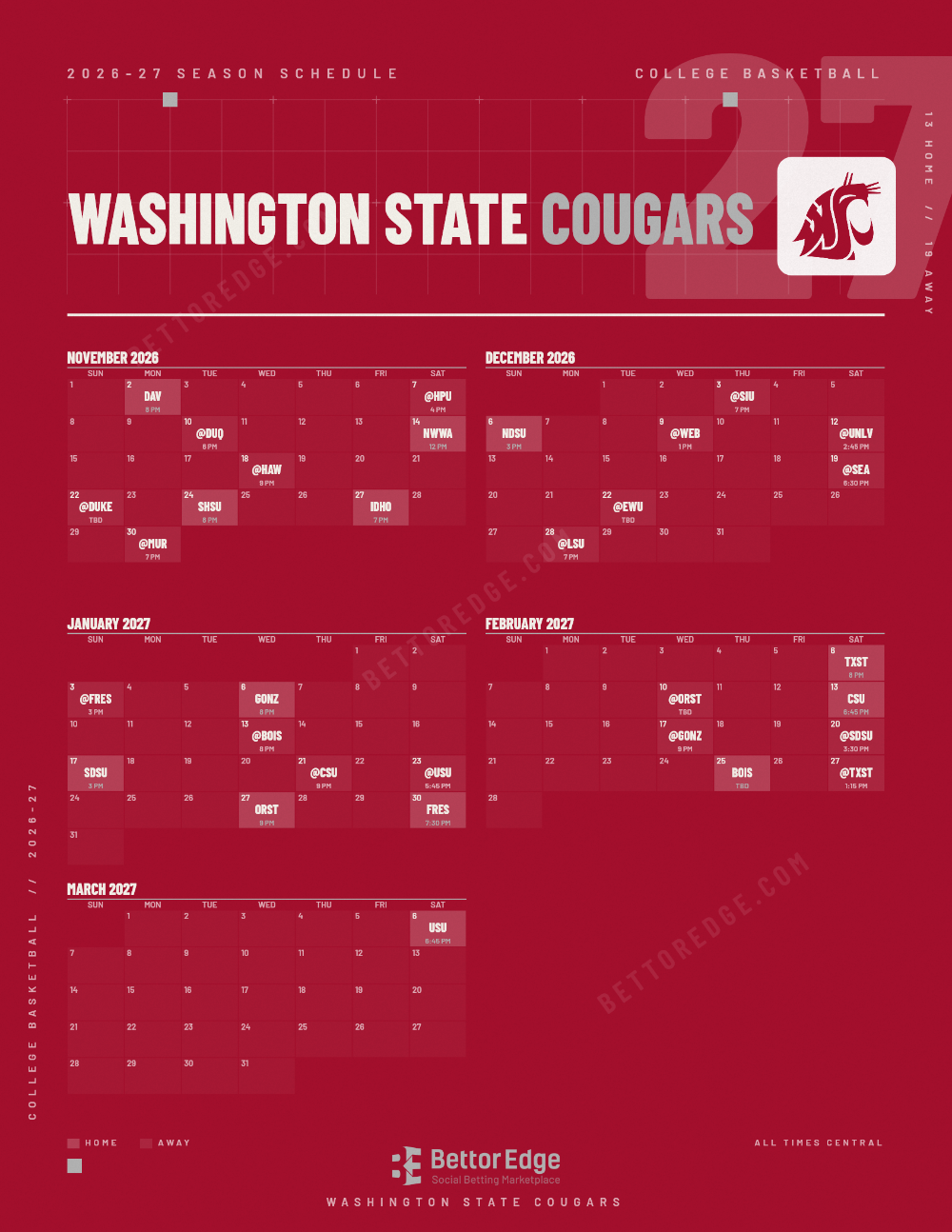 Washington State Cougars 2026-27 basketball schedule, free printable, every game with start times and TV