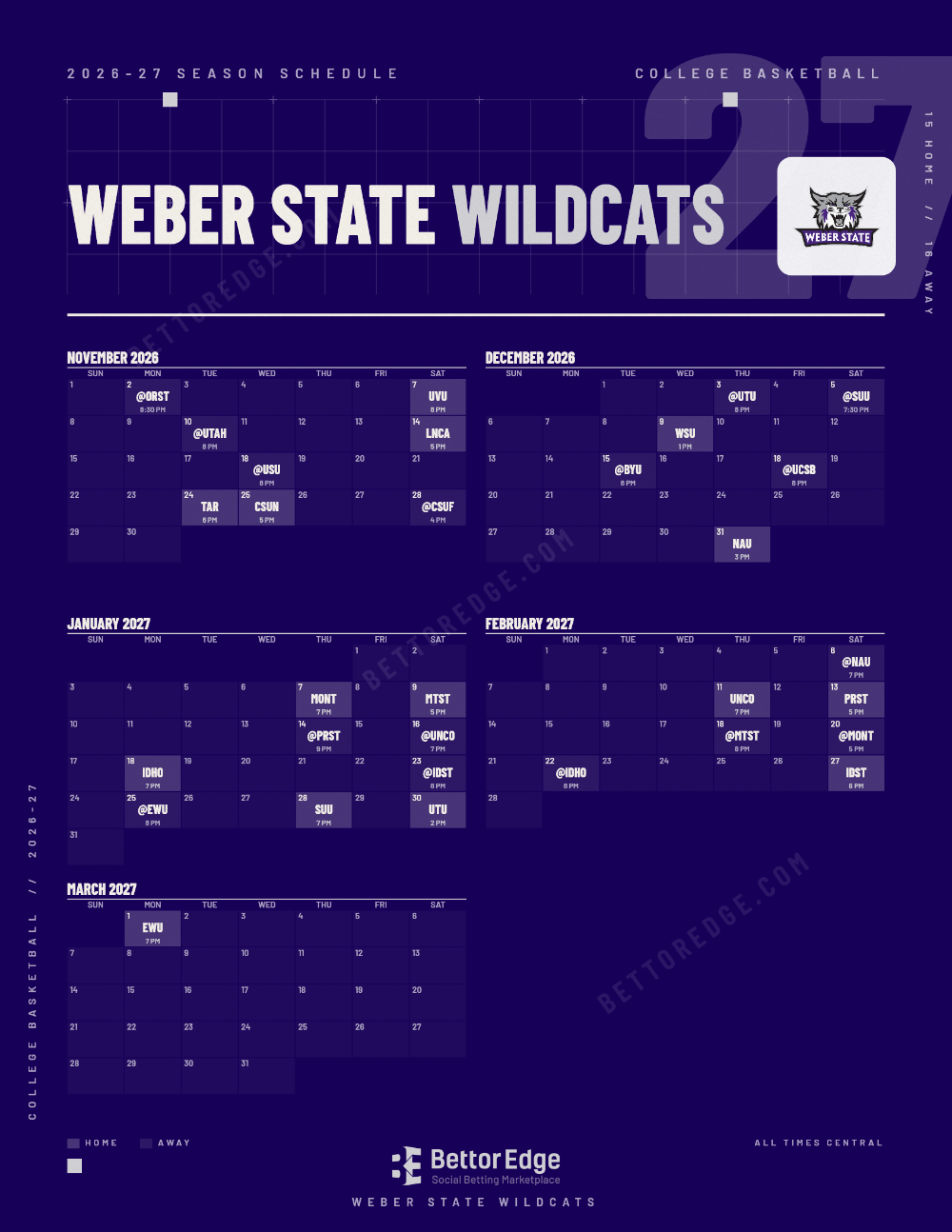 Weber State Wildcats 2026-27 basketball schedule, free printable, every game with start times and TV