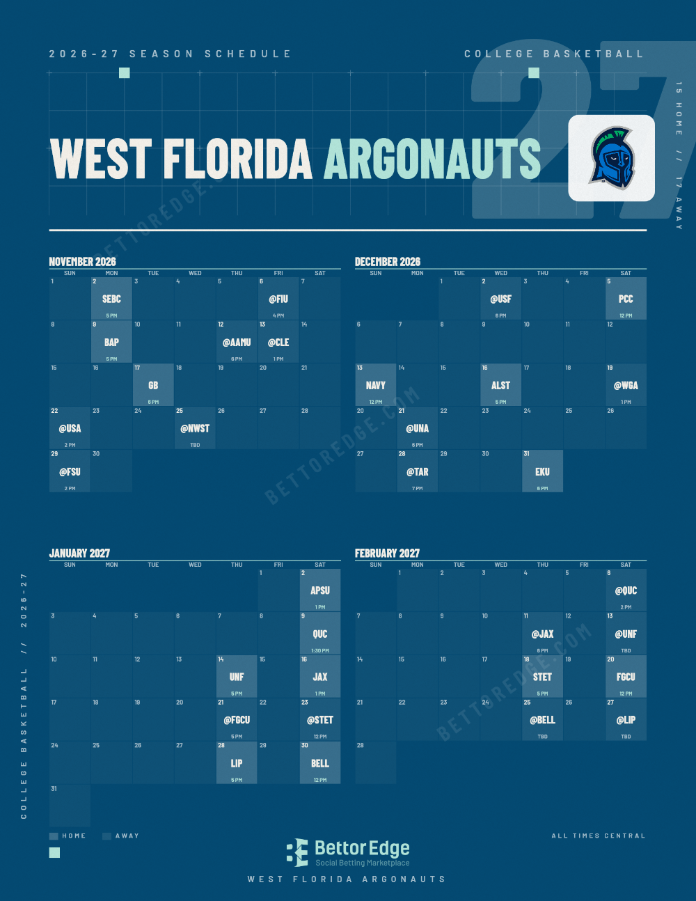 West Florida Argonauts 2026-27 basketball schedule, free printable, every game with start times and TV