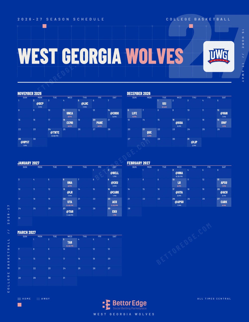 West Georgia Wolves 2026-27 basketball schedule, free printable, every game with start times and TV