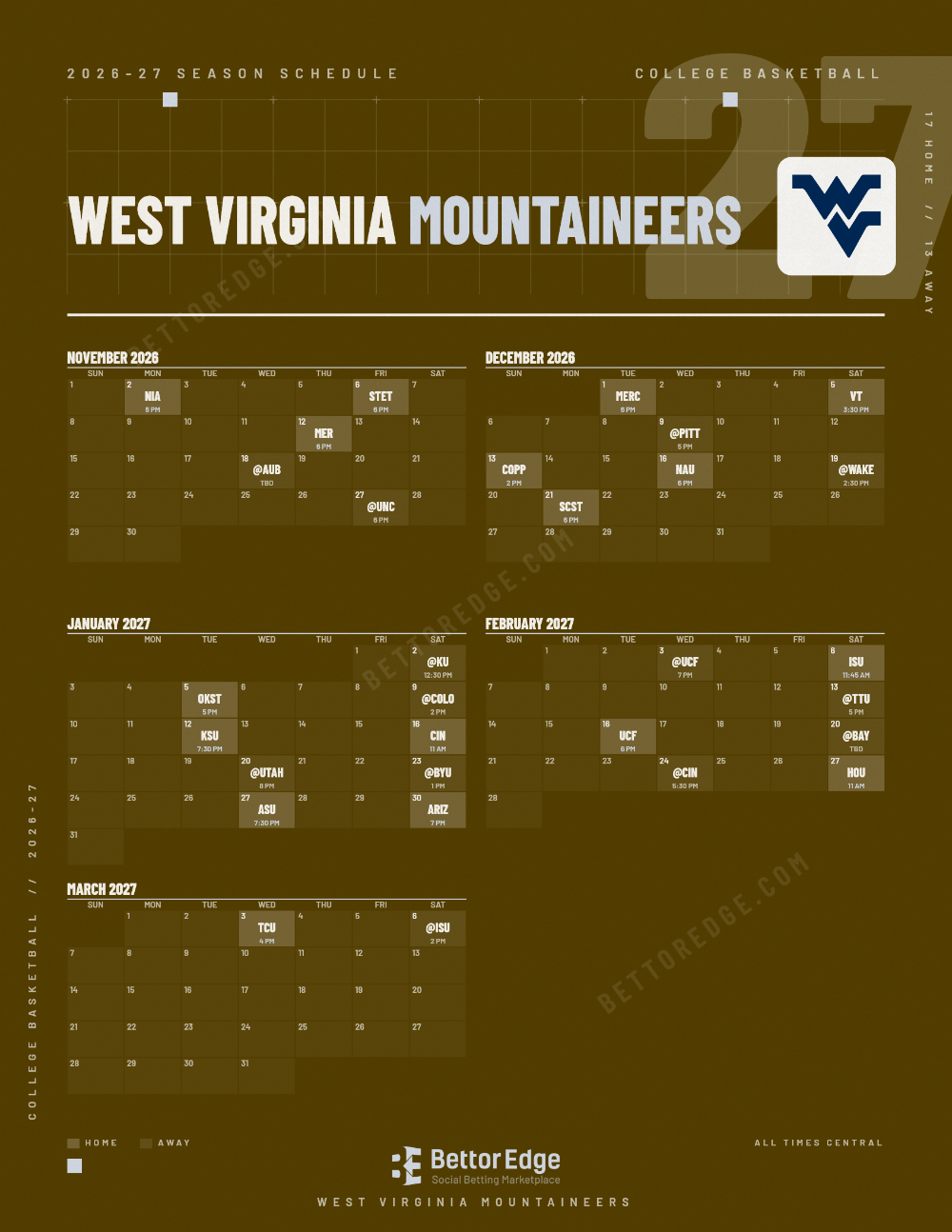 West Virginia Mountaineers 2026-27 basketball schedule, free printable, every game with start times and TV