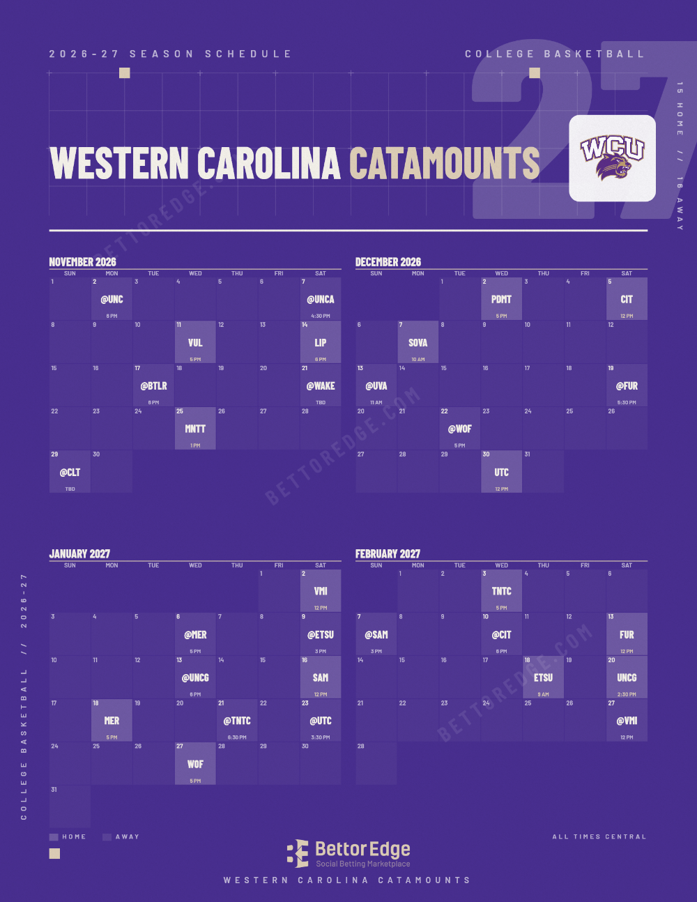 Western Carolina Catamounts 2026-27 basketball schedule, free printable, every game with start times and TV