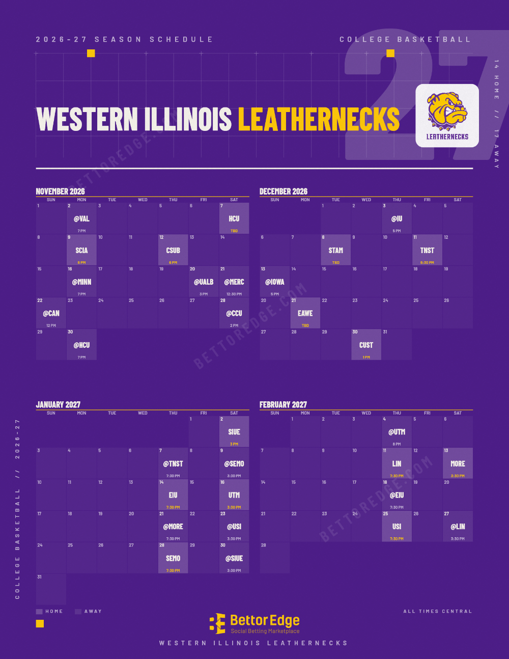 Western Illinois Leathernecks 2026-27 basketball schedule, free printable, every game with start times and TV