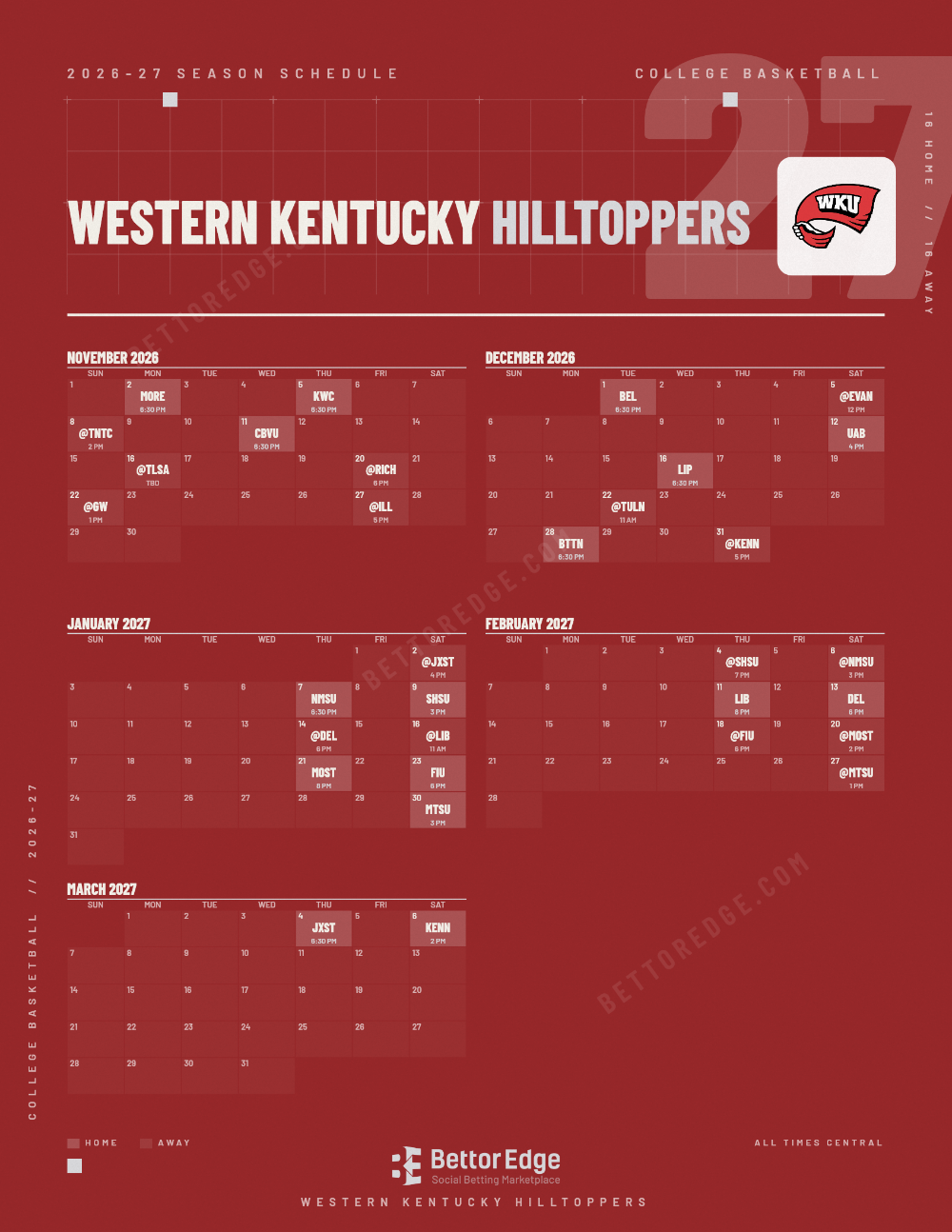 Western Kentucky Hilltoppers Basketball 2026-27 Schedule: Free ...