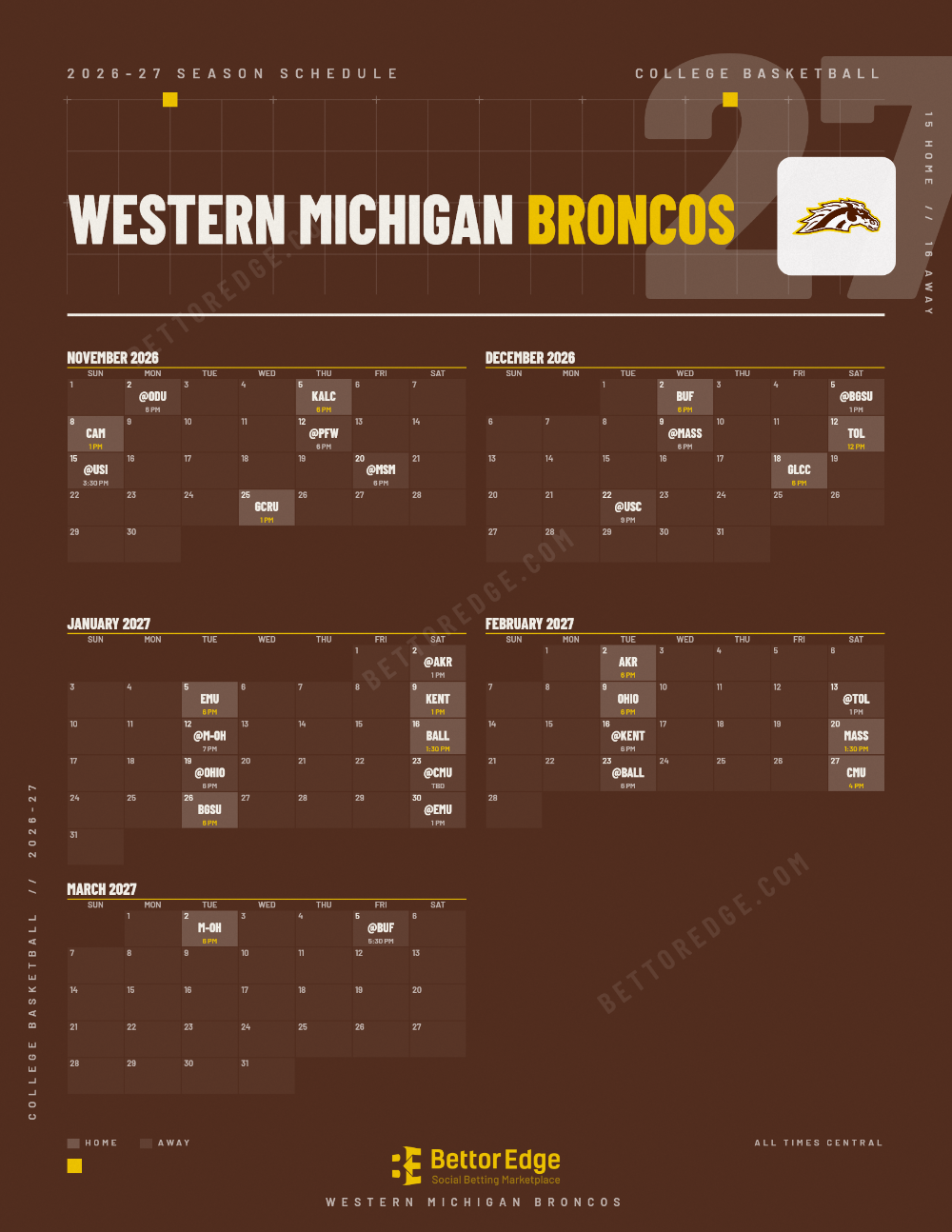 Western Michigan Broncos 2026-27 basketball schedule, free printable, every game with start times and TV