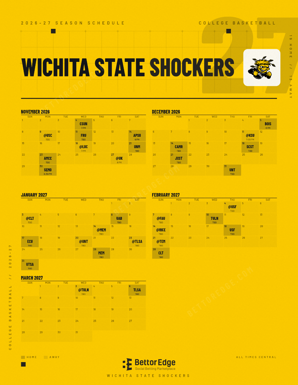 Wichita State Shockers 2026-27 basketball schedule, free printable, every game with start times and TV
