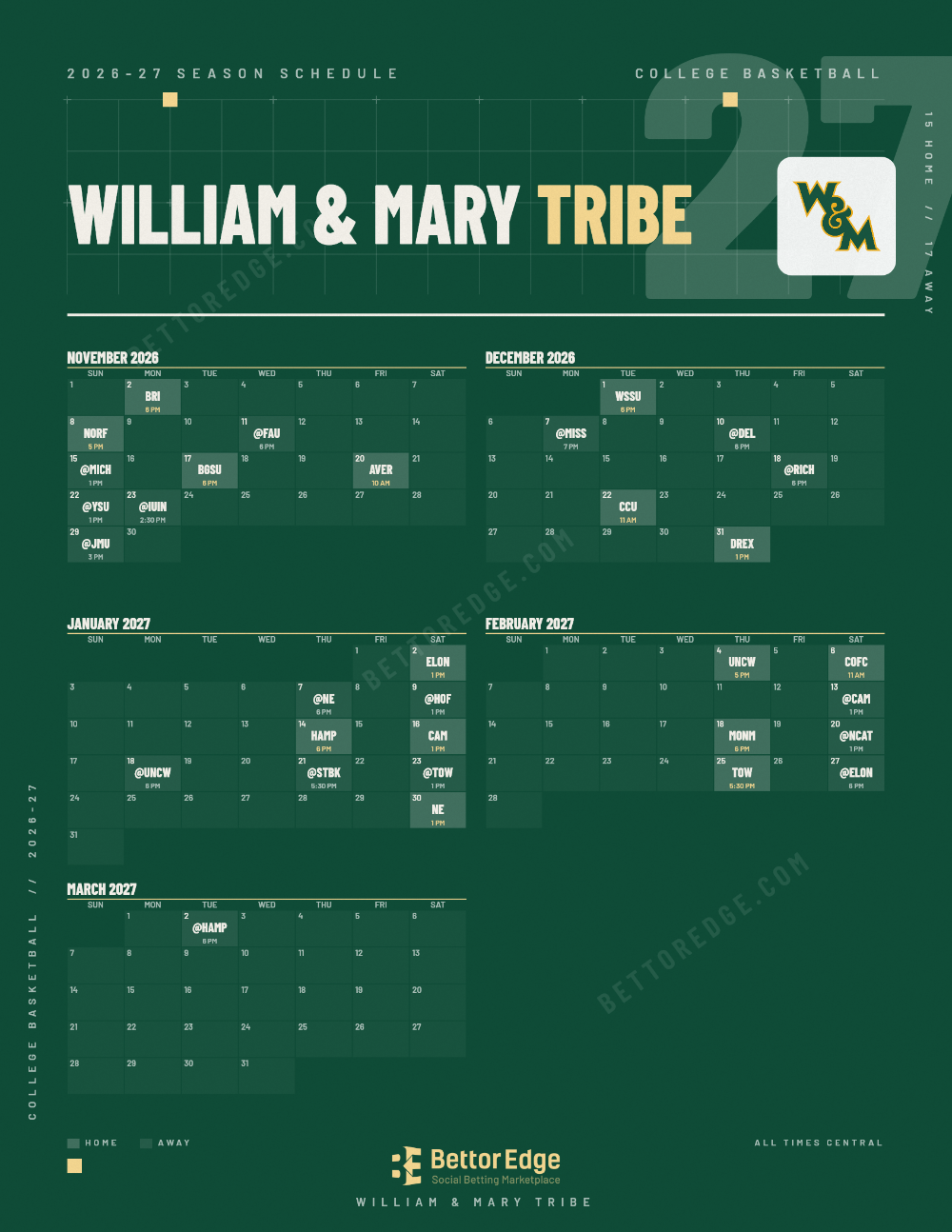 William & Mary Tribe 2026-27 basketball schedule, free printable, every game with start times and TV