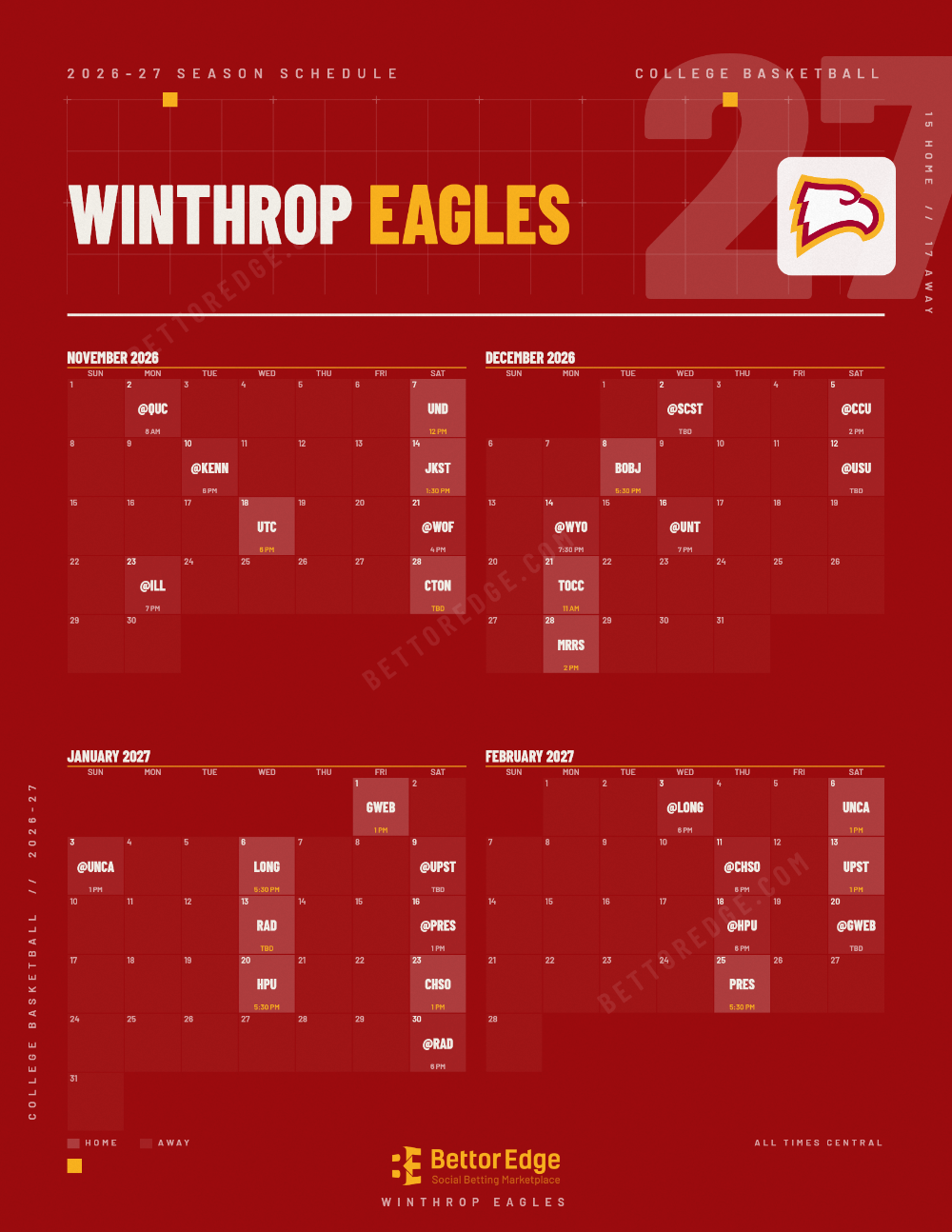 Winthrop Eagles 2026-27 basketball schedule, free printable, every game with start times and TV