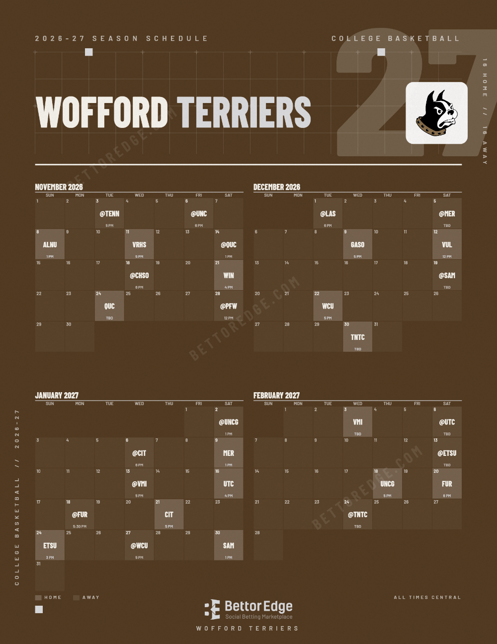 Wofford Terriers 2026-27 basketball schedule, free printable, every game with start times and TV