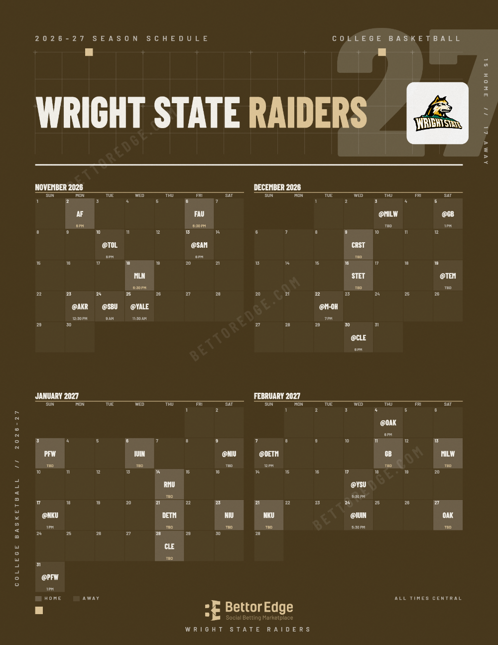 Wright State Raiders 2026-27 basketball schedule, free printable, every game with start times and TV