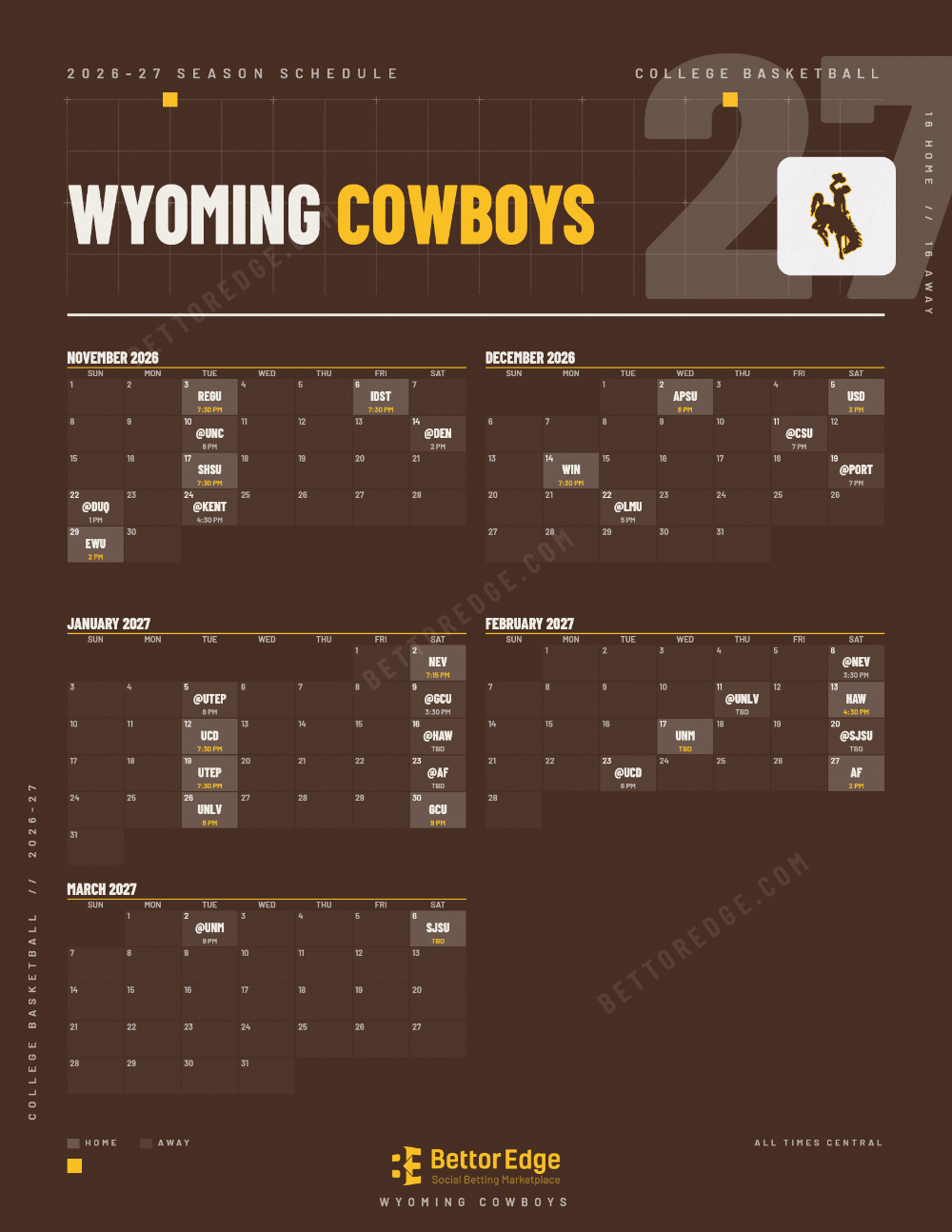 Wyoming Cowboys 2026-27 basketball schedule, free printable, every game with start times and TV