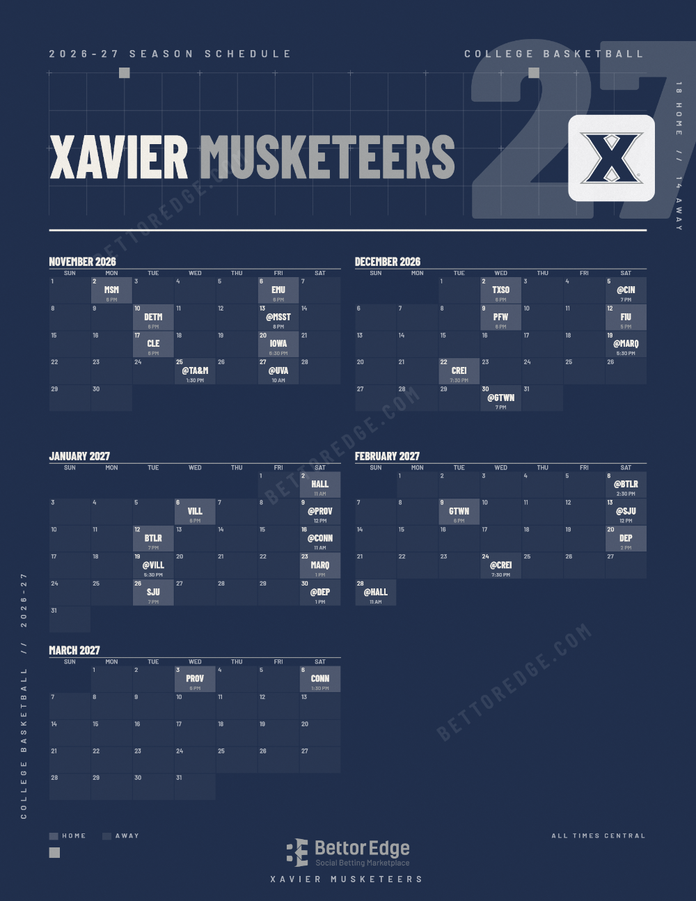 Xavier Musketeers 2026-27 basketball schedule, free printable, every game with start times and TV