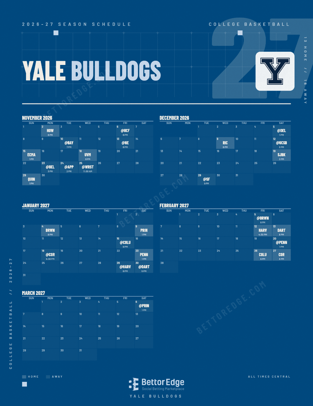 Yale Bulldogs 2026-27 basketball schedule, free printable, every game with start times and TV