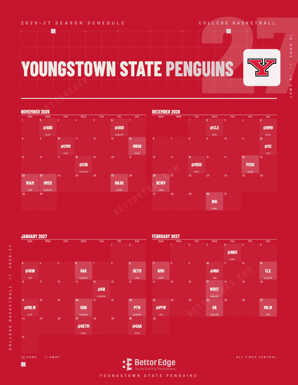 Youngstown State Penguins 2026-27 basketball schedule, free printable, every game with start times and TV