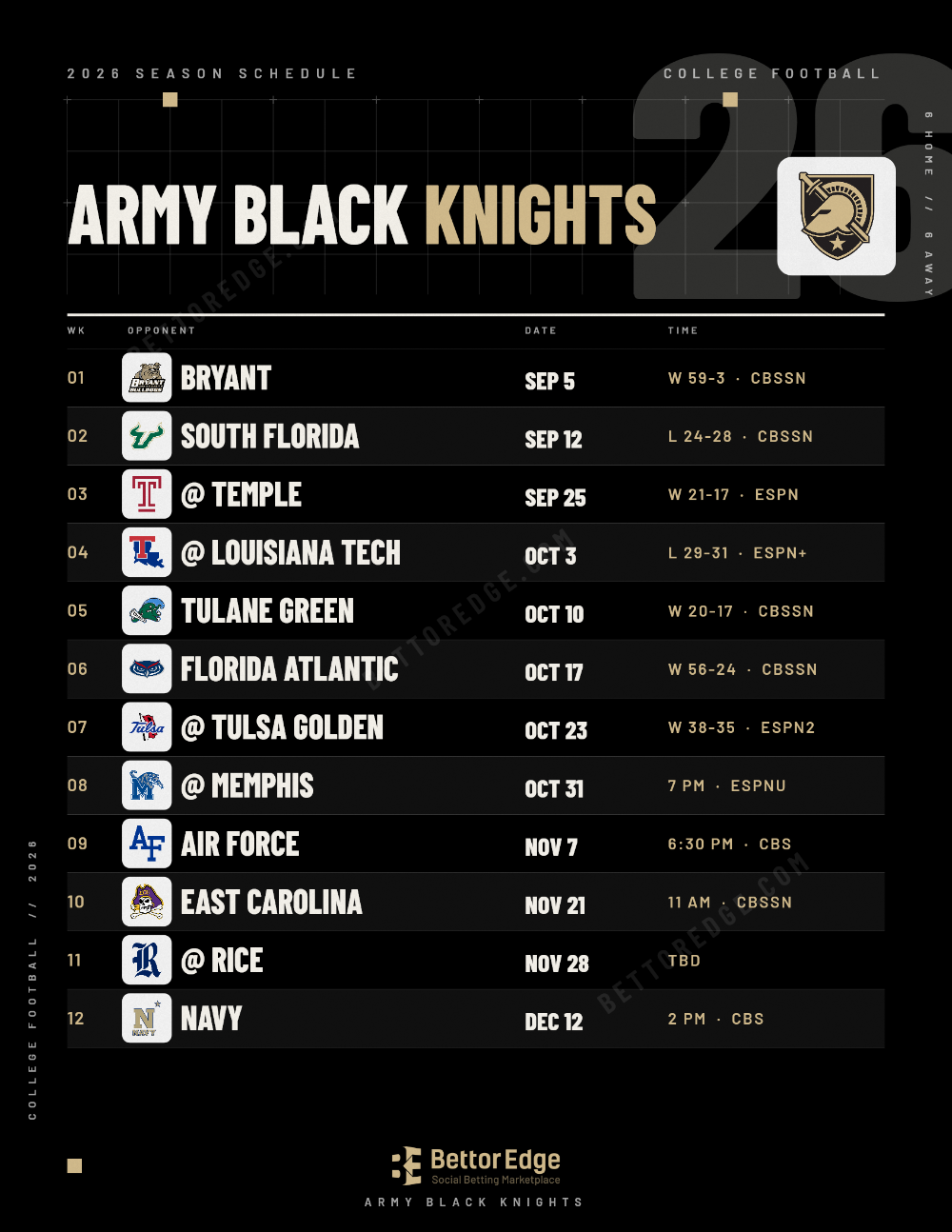 Army Black Knights 2026 football schedule, free printable, every game with start times and TV
