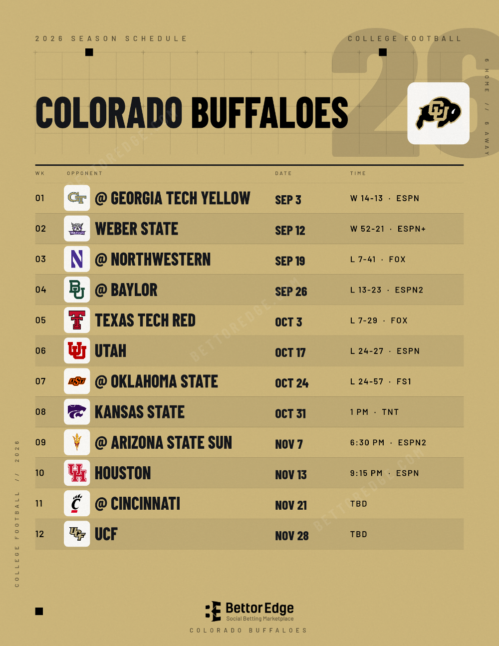 Colorado Buffaloes 2026 football schedule, free printable, every game with start times and TV