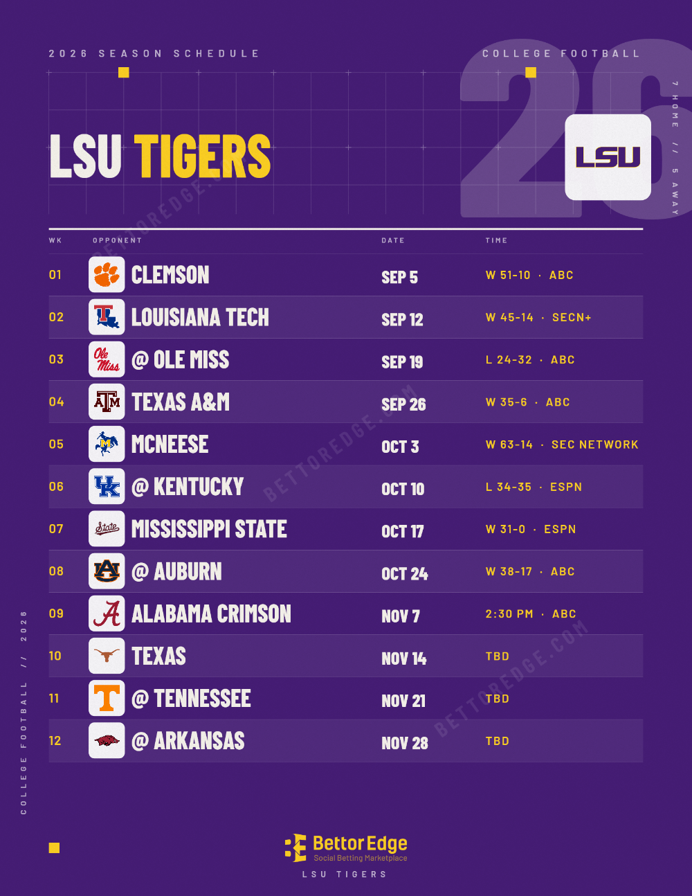 LSU Tigers 2026 football schedule, free printable, every game with start times and TV