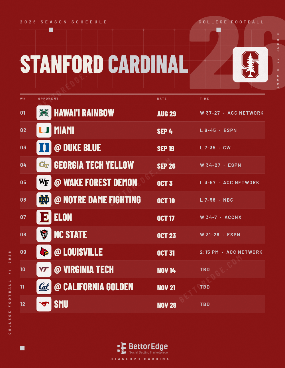 Stanford Cardinal 2026 football schedule, free printable, every game with start times and TV