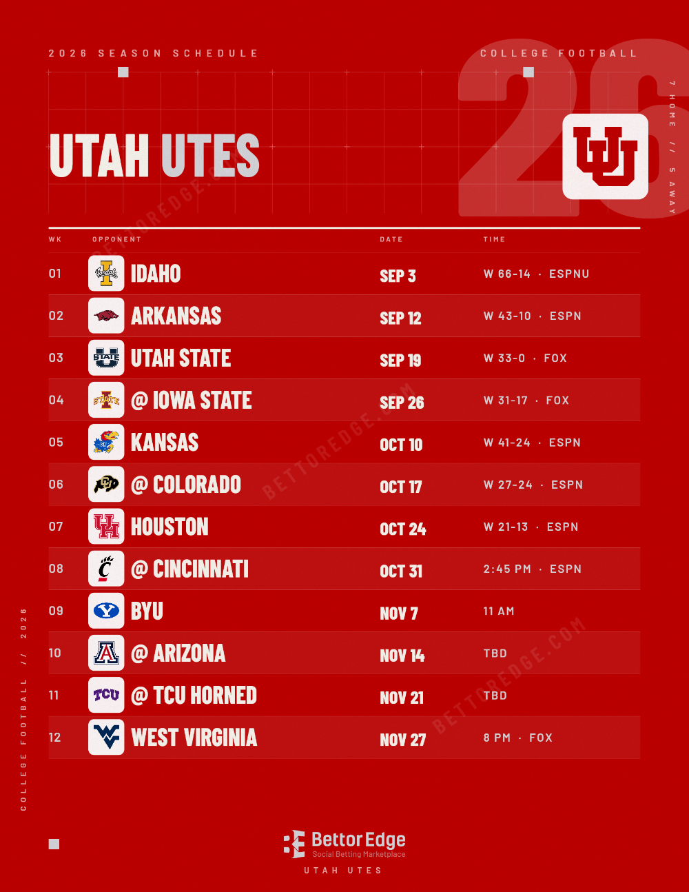 Utah Utes 2026 football schedule, free printable, every game with start times and TV