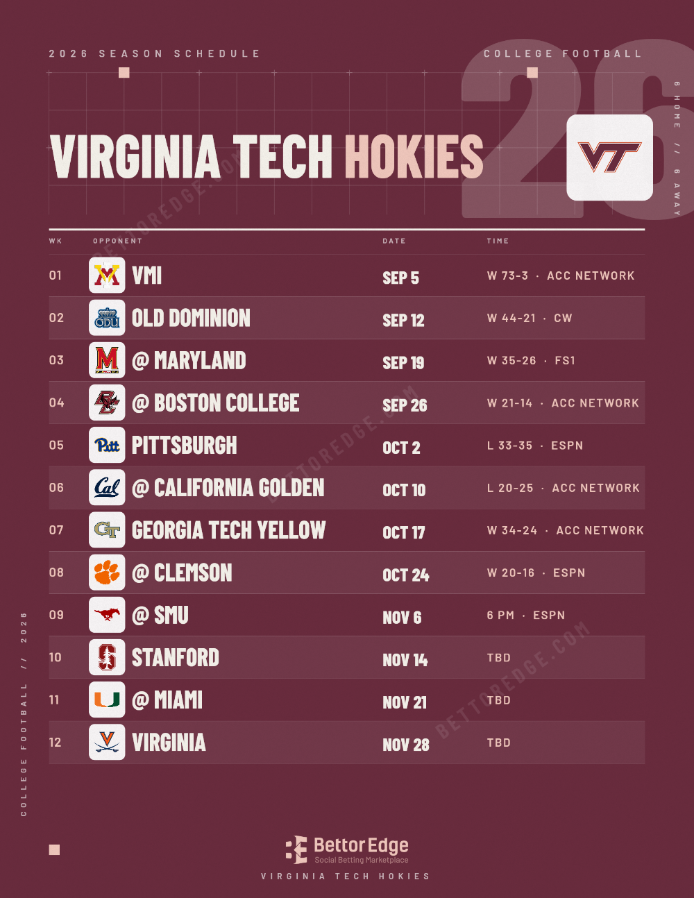 Virginia Tech Hokies 2026 football schedule, free printable, every game with start times and TV