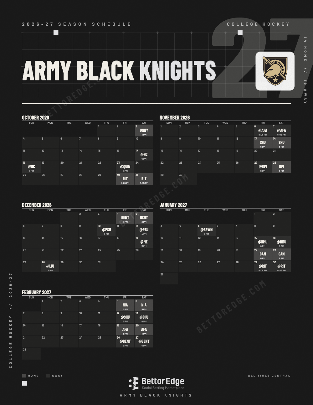 Army Black Knights 2026-27 hockey schedule, free printable, every game with start times and TV