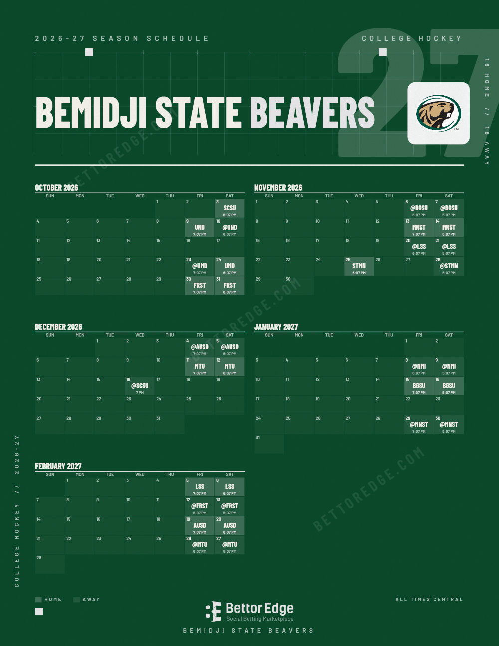 Bemidji State Beavers 2026-27 hockey schedule, free printable, every game with start times and TV