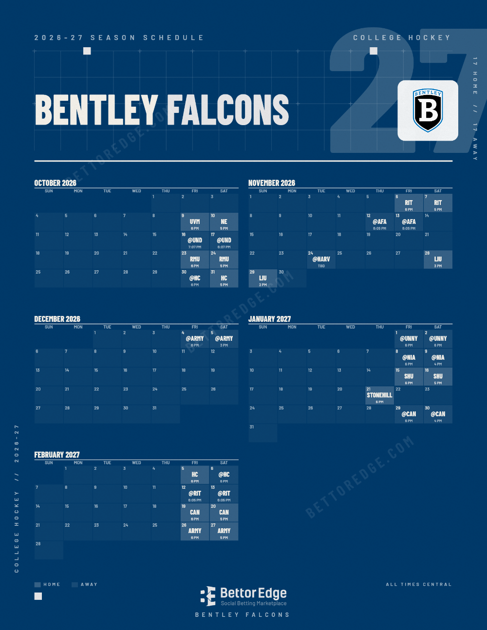 Bentley Falcons 2026-27 hockey schedule, free printable, every game with start times and TV