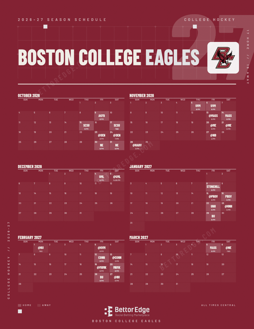Boston College Eagles 2026-27 hockey schedule, free printable, every game with start times and TV