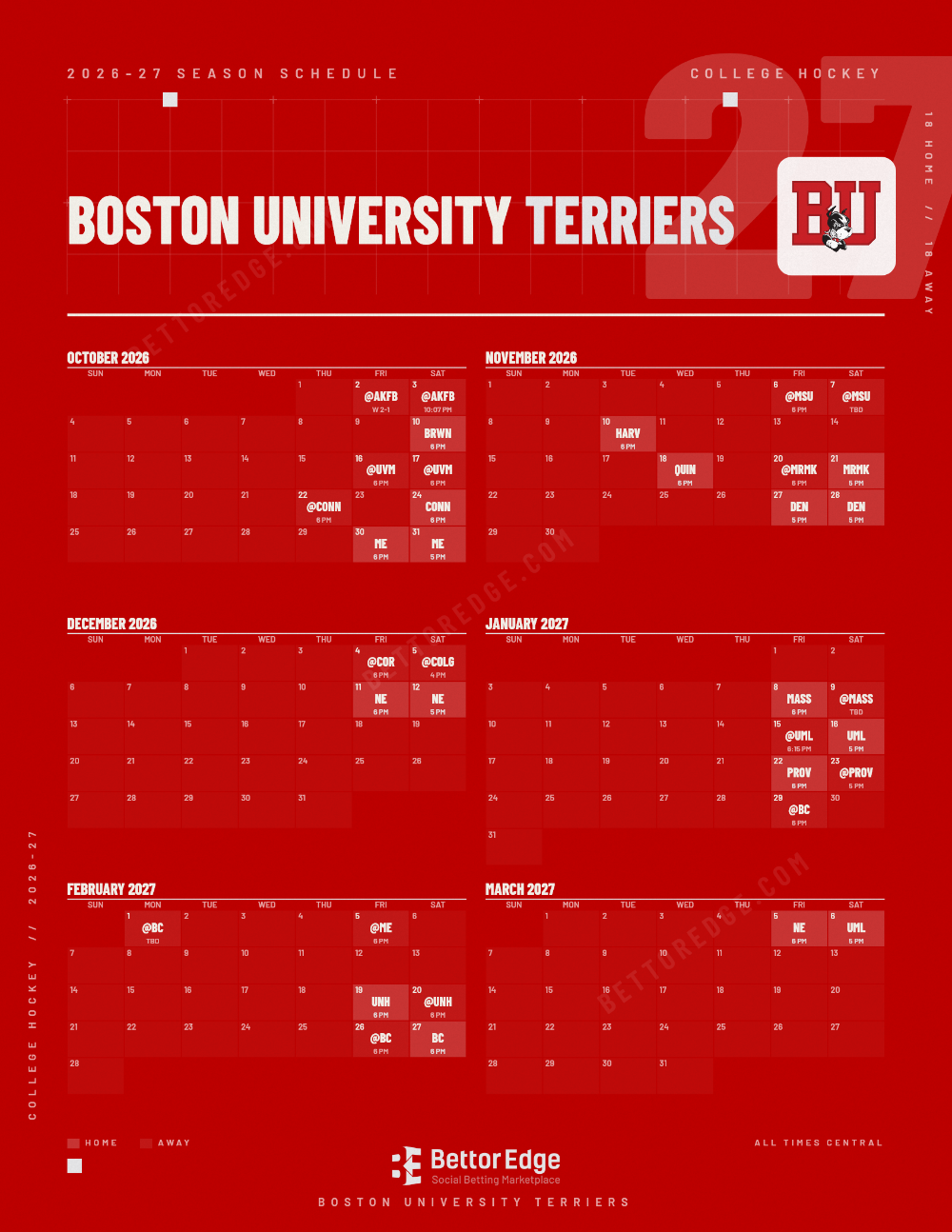 Boston University Terriers 2026-27 hockey schedule, free printable, every game with start times and TV