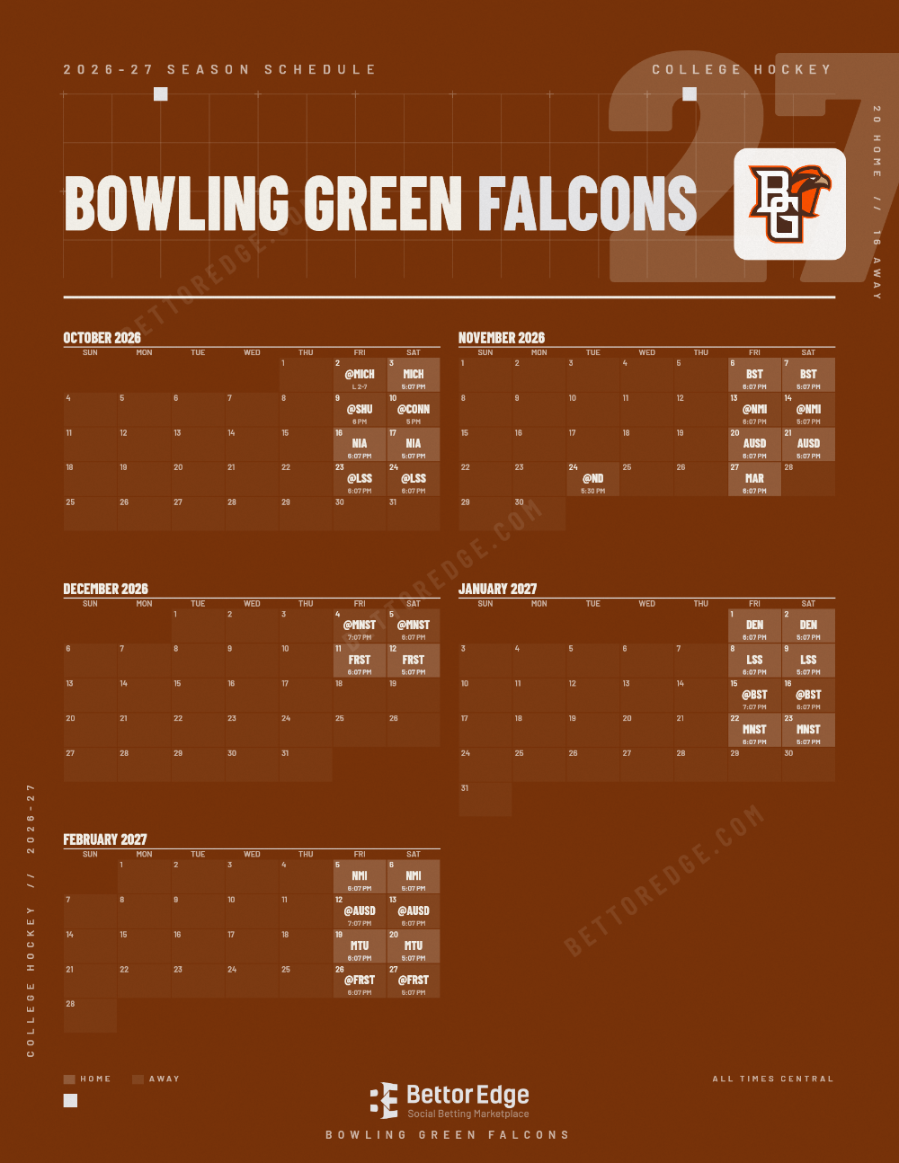 Bowling Green Falcons 2026-27 hockey schedule, free printable, every game with start times and TV