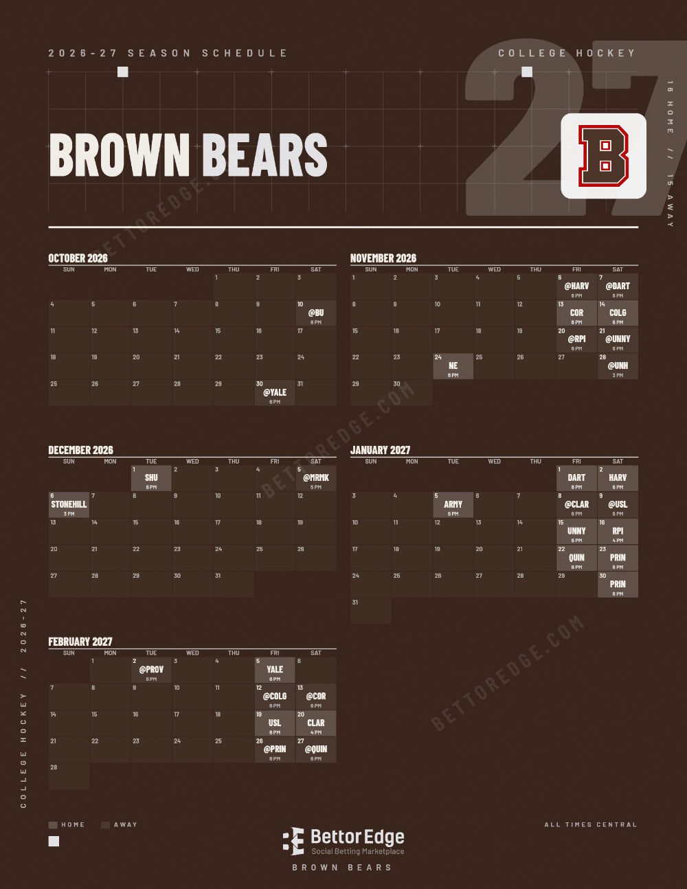 Brown Bears 2026-27 hockey schedule, free printable, every game with start times and TV