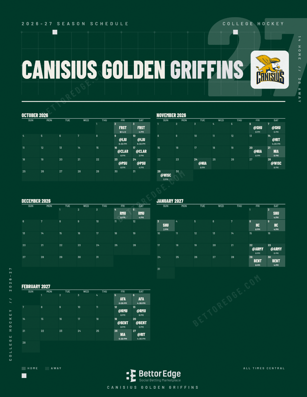 Canisius Golden Griffins 2026-27 hockey schedule, free printable, every game with start times and TV