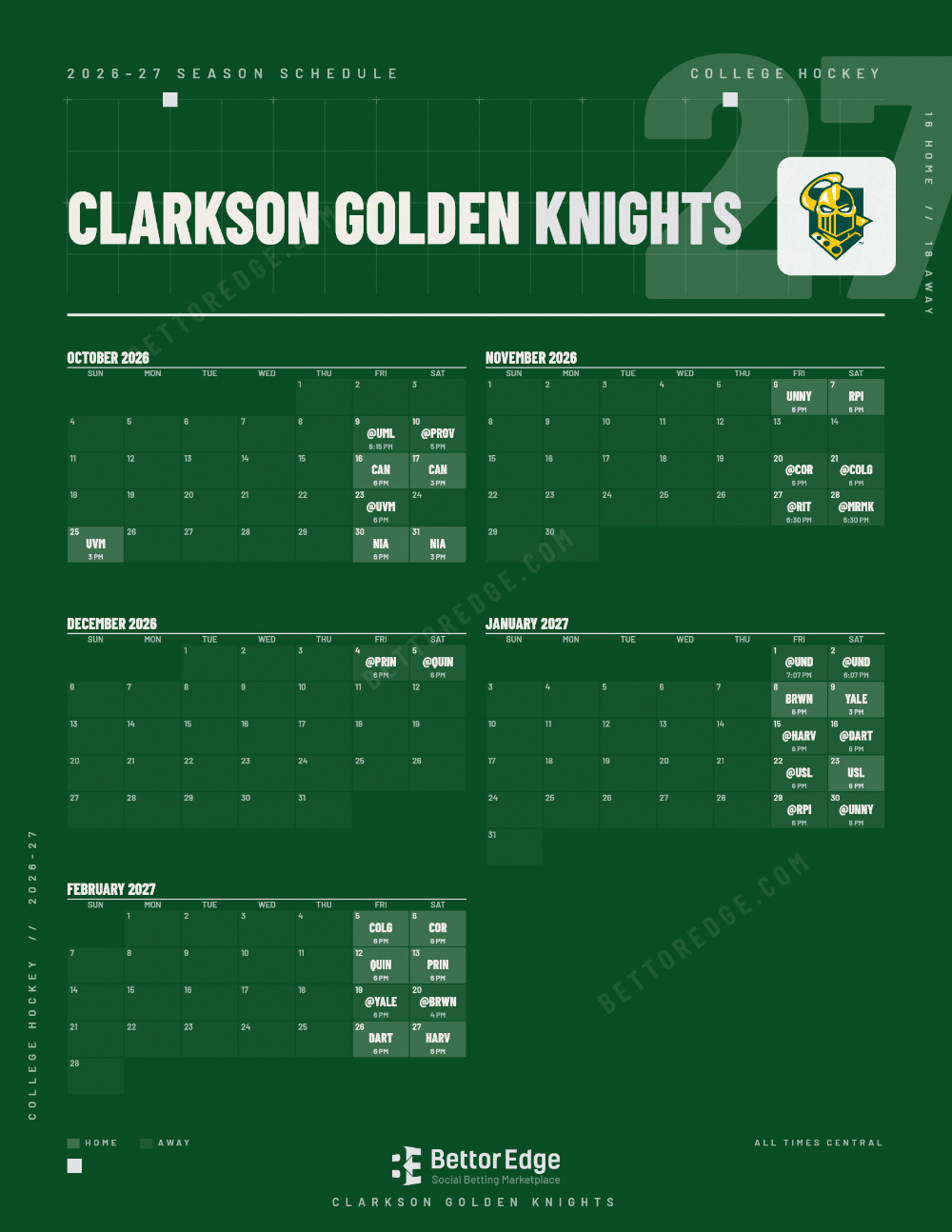 Clarkson Golden Knights 2026-27 hockey schedule, free printable, every game with start times and TV