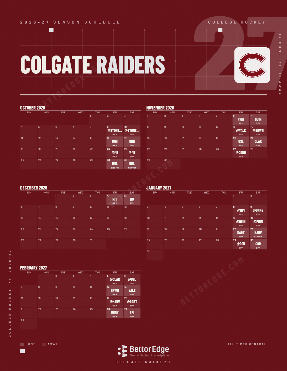 Colgate Raiders 2026-27 hockey schedule, free printable, every game with start times and TV