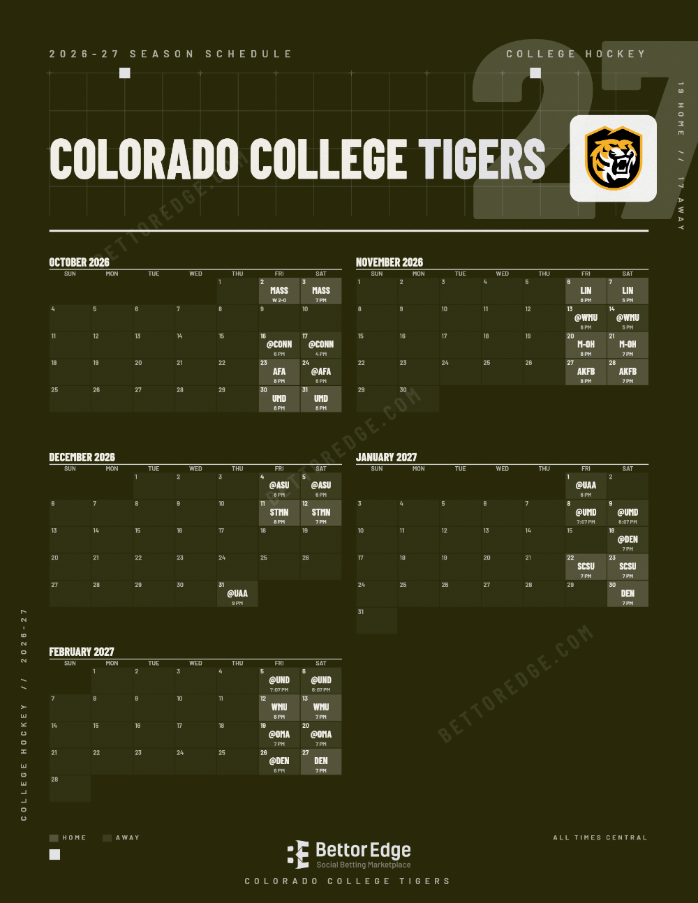 Colorado College Tigers 2026-27 hockey schedule, free printable, every game with start times and TV
