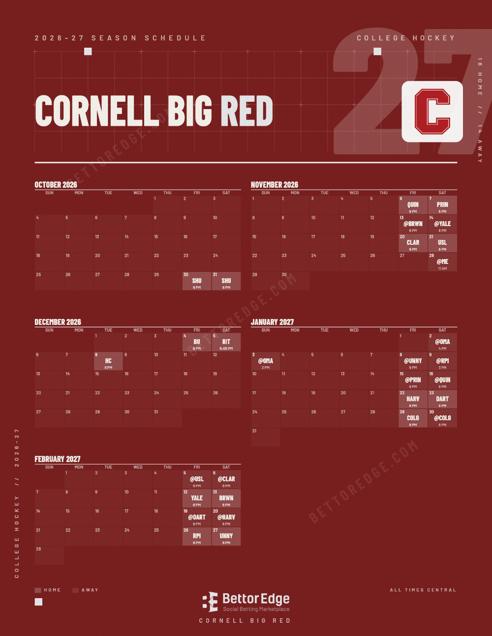 Cornell Big Red 2026-27 hockey schedule, free printable, every game with start times and TV