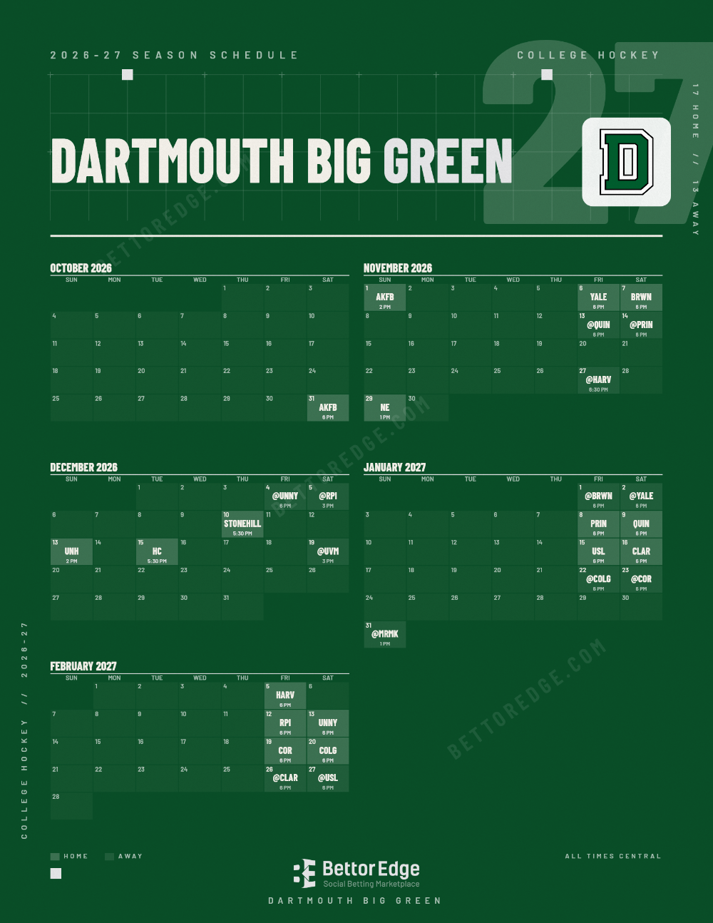 Dartmouth Big Green 2026-27 hockey schedule, free printable, every game with start times and TV