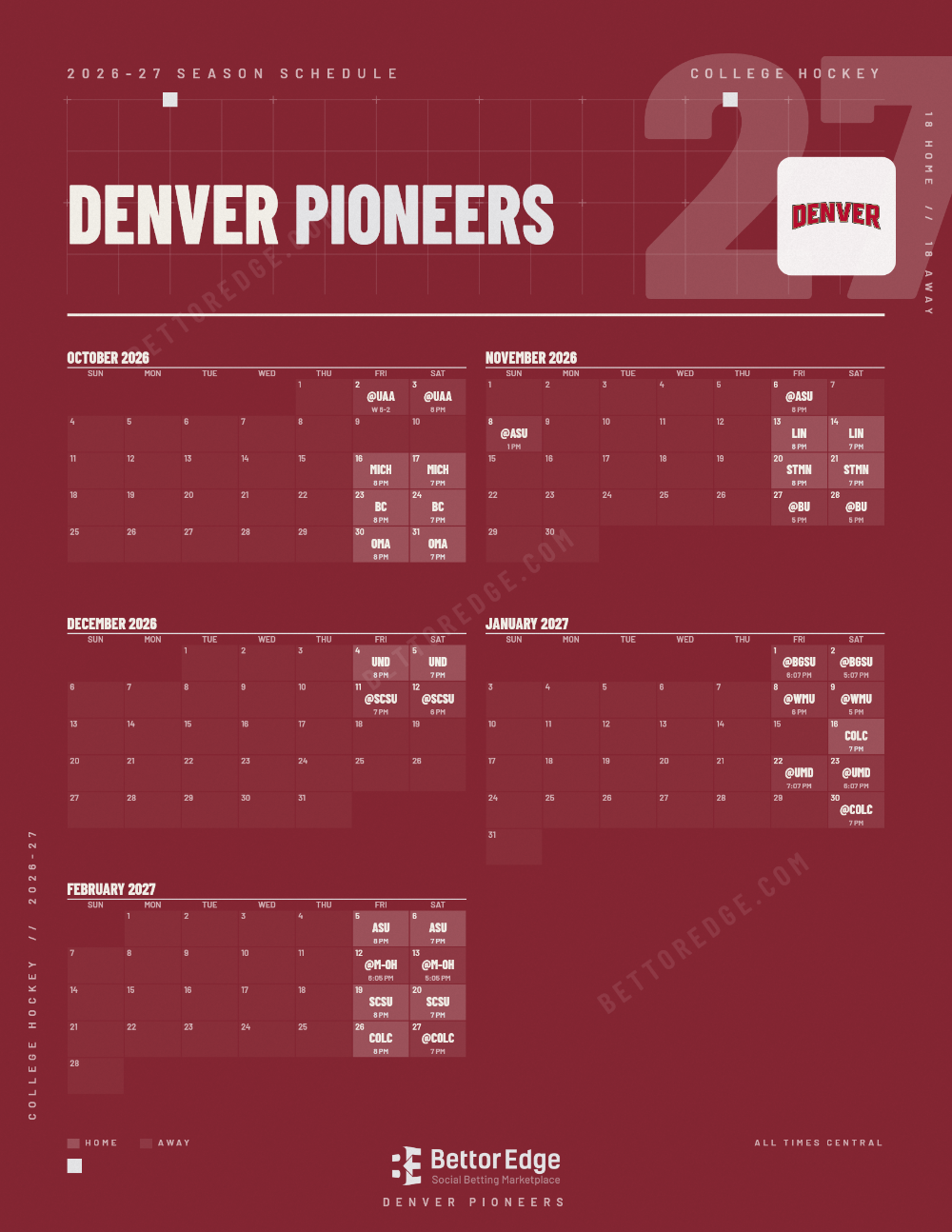 Denver Pioneers 2026-27 hockey schedule, free printable, every game with start times and TV