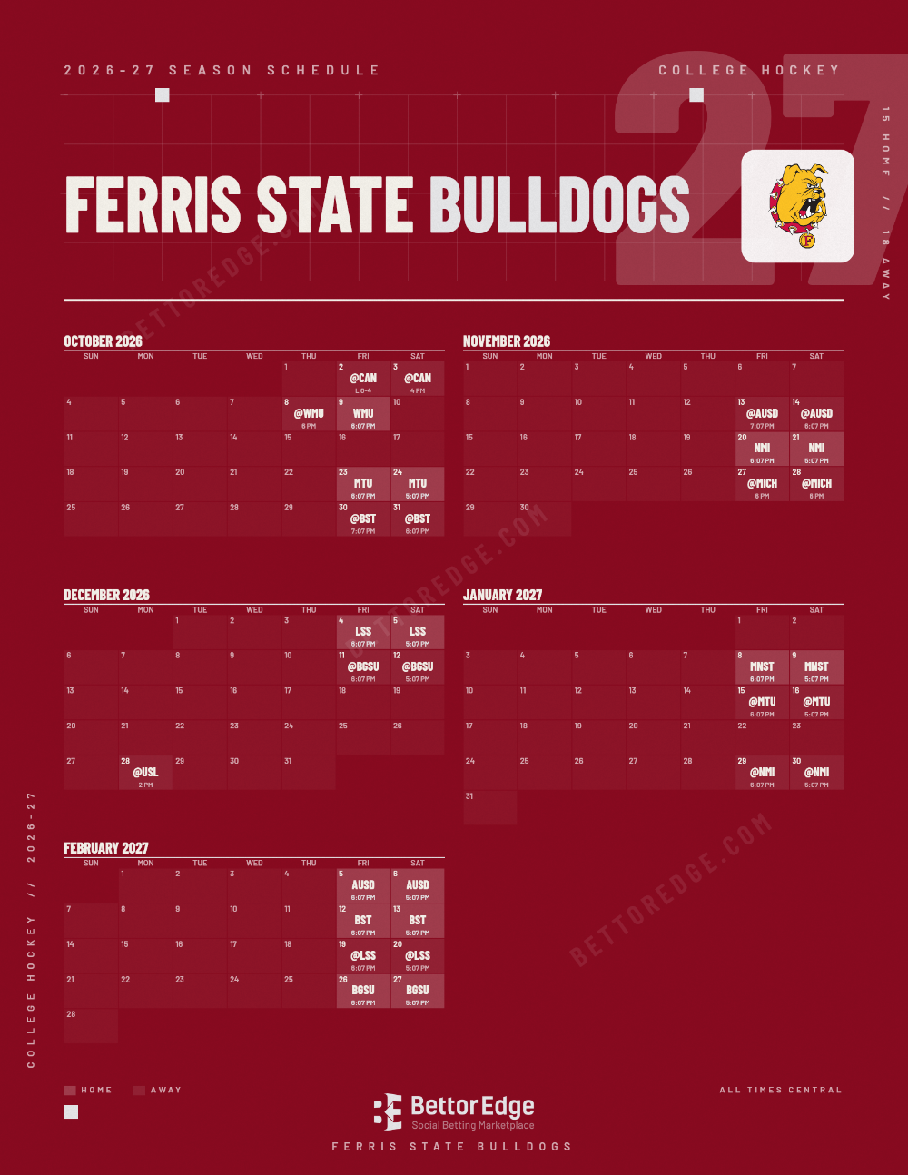 Ferris State Bulldogs 2026-27 hockey schedule, free printable, every game with start times and TV